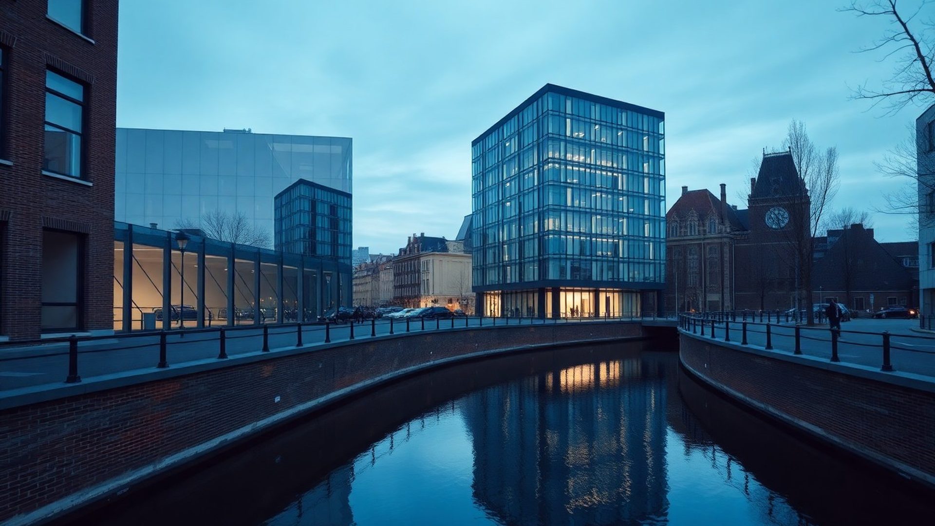 Rustige Utrechtse gracht in azuurblauwe ochtendtinten met modern glazen kantoor op de achtergrond