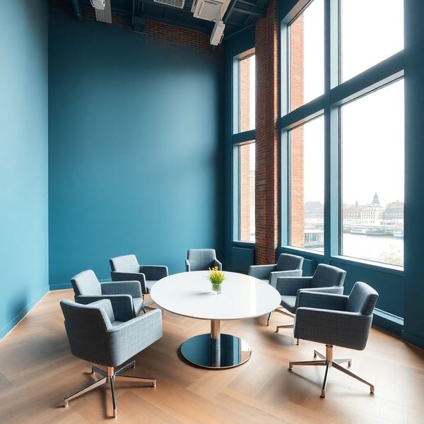 Sfeervolle vergaderruimte in het Utrechtse kantoor van Modern Studio met azuurblauwe tinten en zacht daglicht