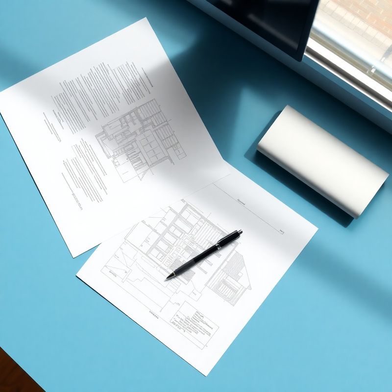 Gestructureerde documenten en blauwdruk op een matte azuurblauwe werkplek