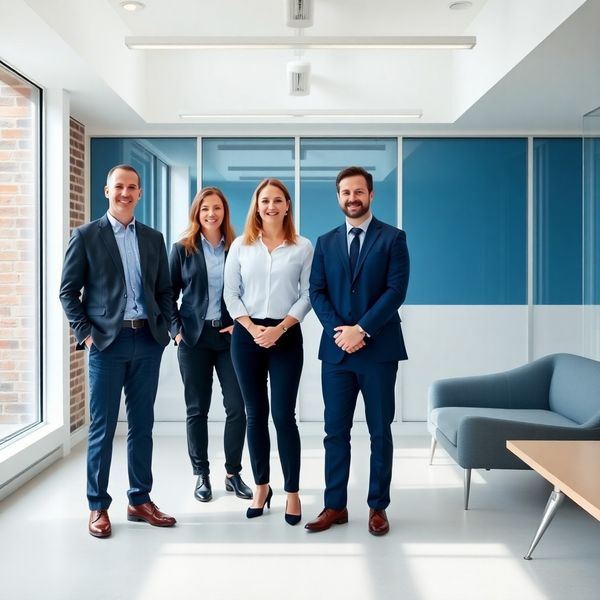 Groepsportret van een klein professioneel adviesteam in een licht Utrechts kantoor