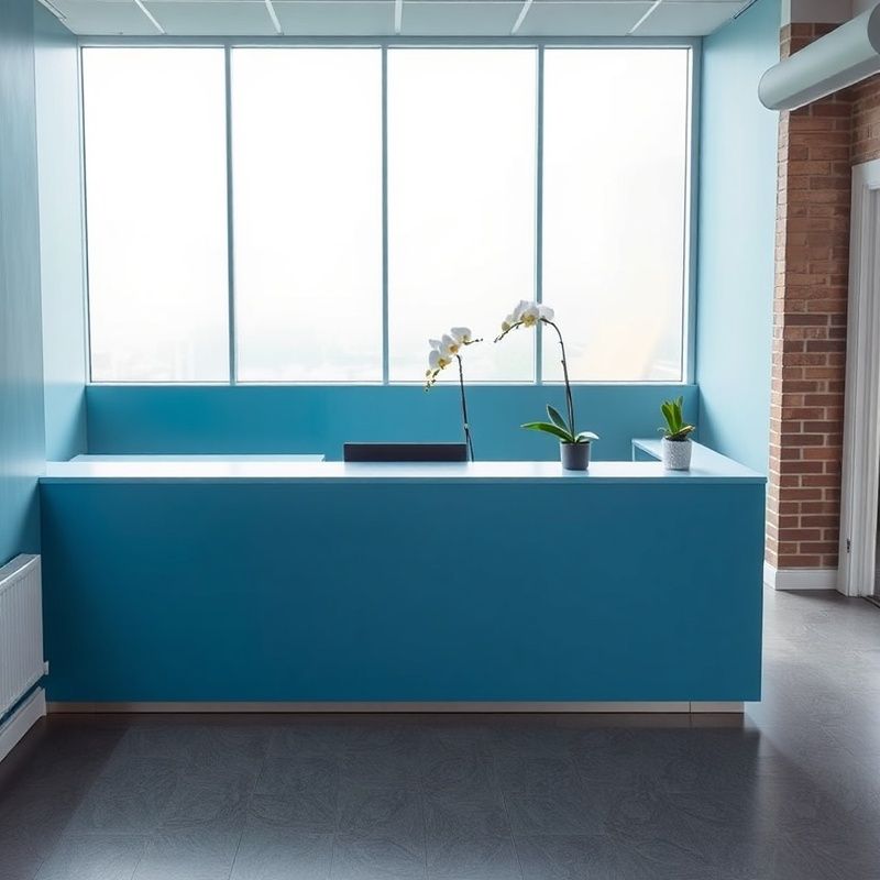 Minimalistische receptie van het Modern Studio kantoor in Utrecht met azuurblauwe tinten en een orchidee